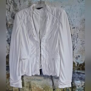 WHBM Ecru/Ivory Military Style Pleated Peplum Mandarin Collar Blazer Jacket Sz 8